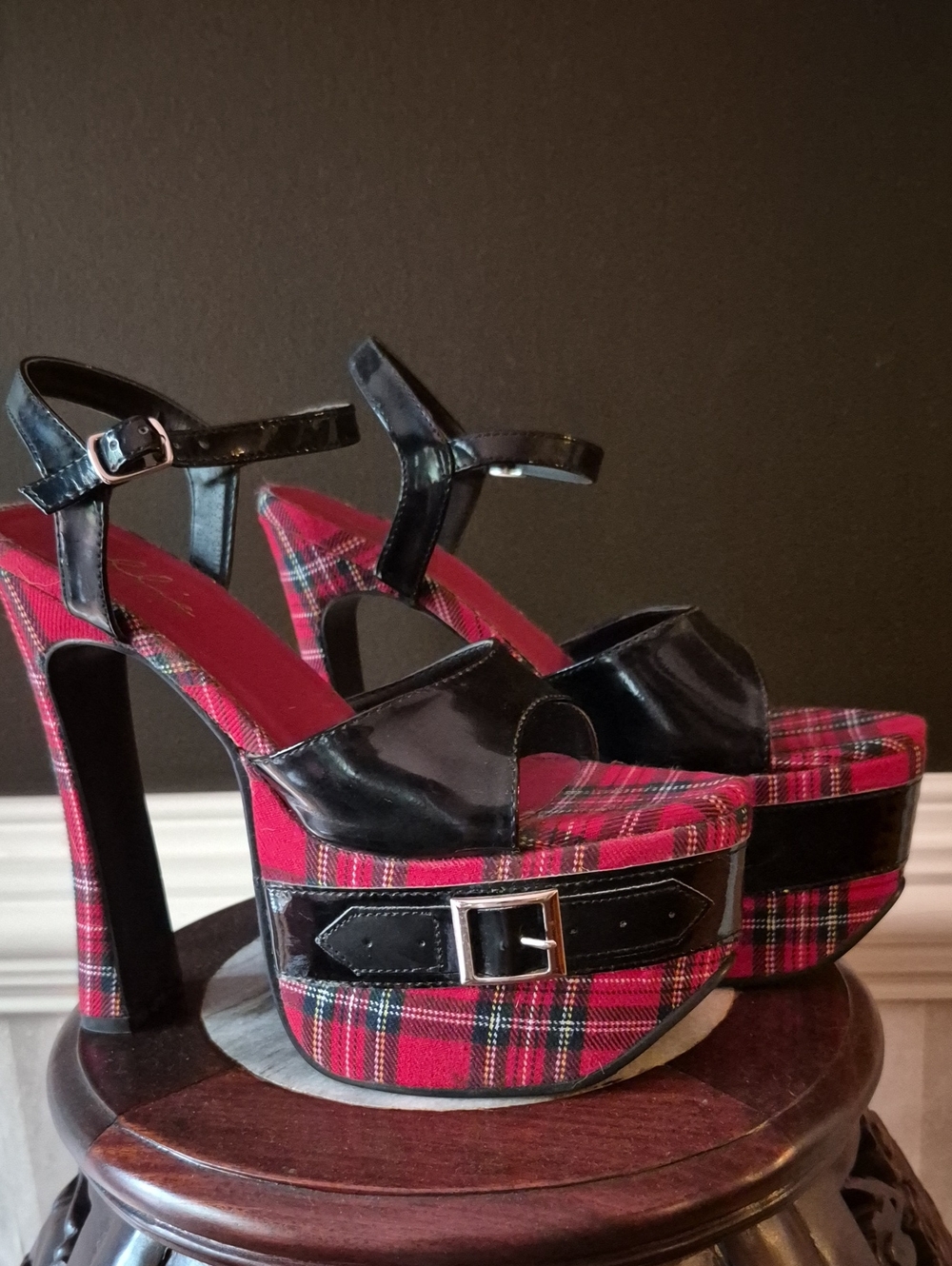 Women’s Red Plaid Platform Heels with Black Patent Straps